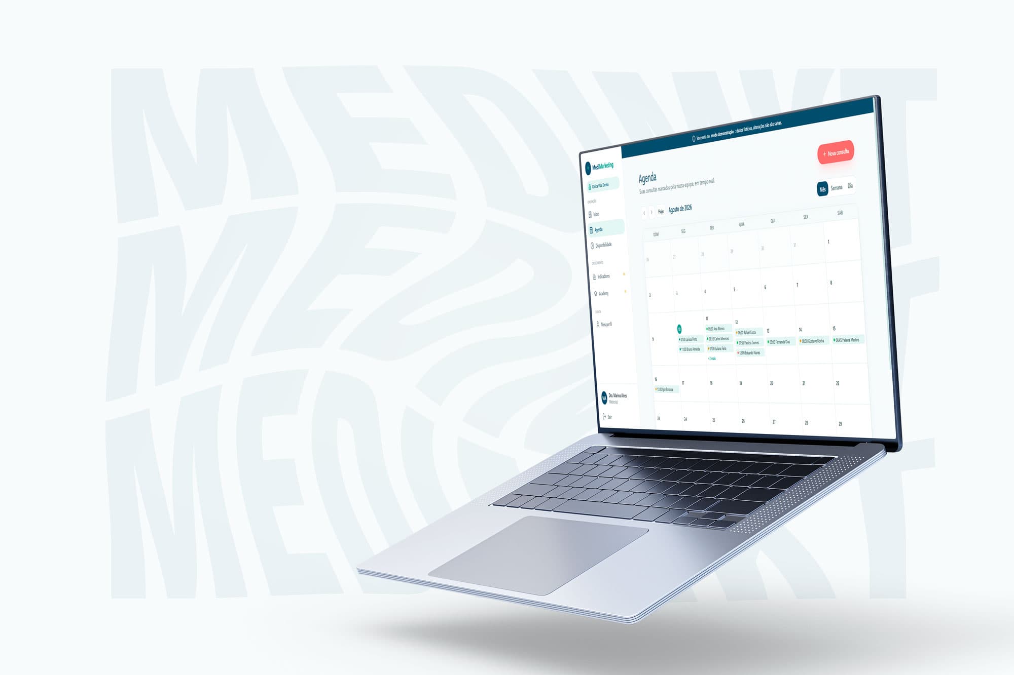 Notebook exibindo a agenda de consultas da plataforma Medi Marketing